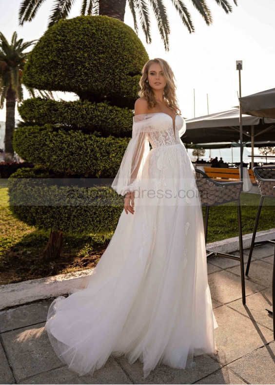 Off Shoulder Sparkly Ivory Lace Tulle Wedding Dress With Detachable Sleeves